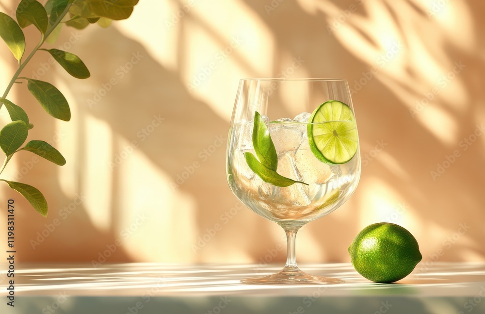 Poster refreshing glass of lime water with ice cubes and fresh lime slice on a soft background enhanced by 