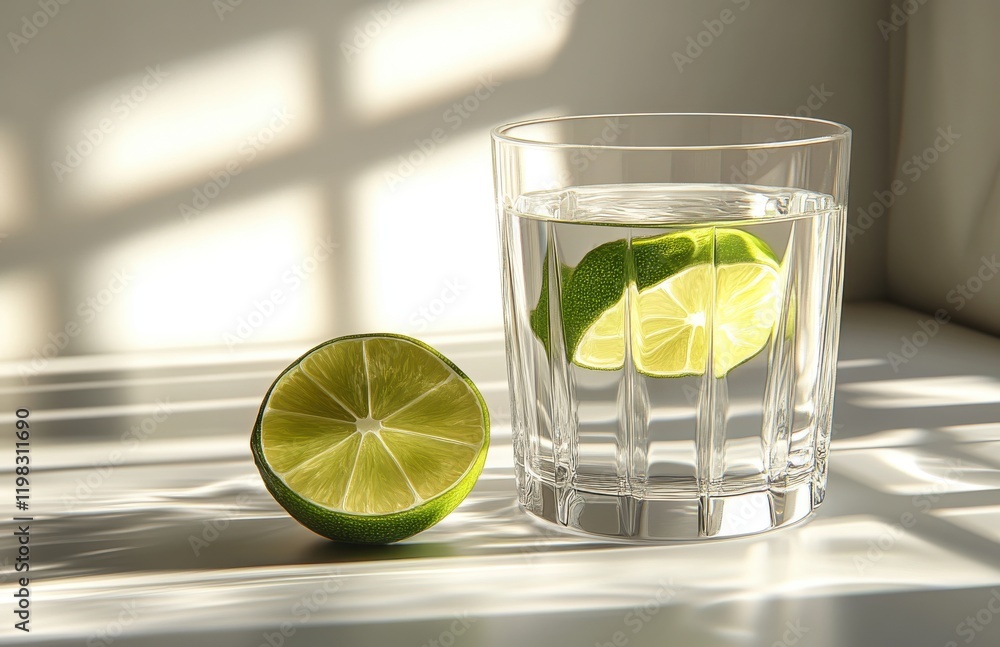 Poster refreshing glass of water with lime slices and halved lime on the table with soft light and shadow c