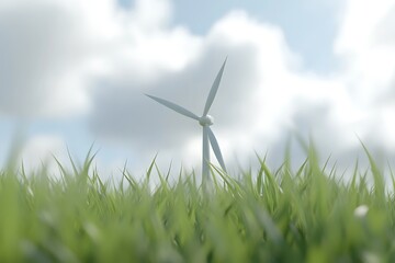 Wind turbine seen through green grass, against a bright, cloudy sky.