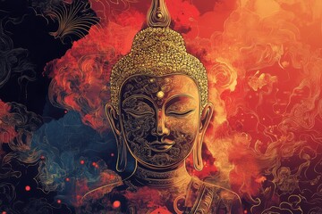 A Thai-style Buddha illustration, intricate patterns and vivid gold and red tones representing cultural spirituality