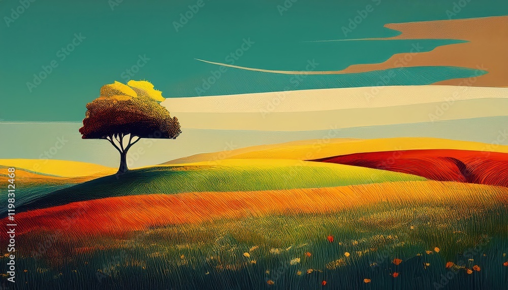 Poster mysterious semiabstract landscape striking tree in a meadow and field scene underneath the open sky 