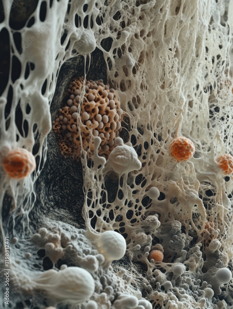 Poster Dense layer of diverse microbes thriving in a vibrant ecosystem within a natural environment. Generative AI