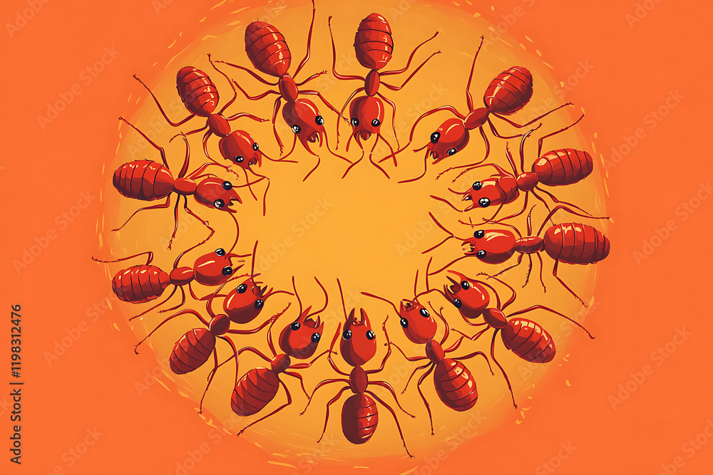 Poster a circle of red ants on an orange background, depicting unity and teamwork.