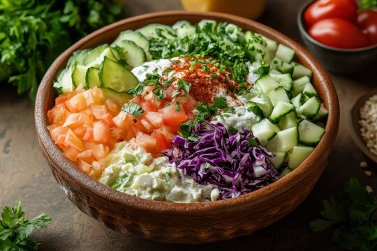 Fatoosh salad featuring cucumber tomato crackers and cabbage displayed on a table as an Arabic dish
