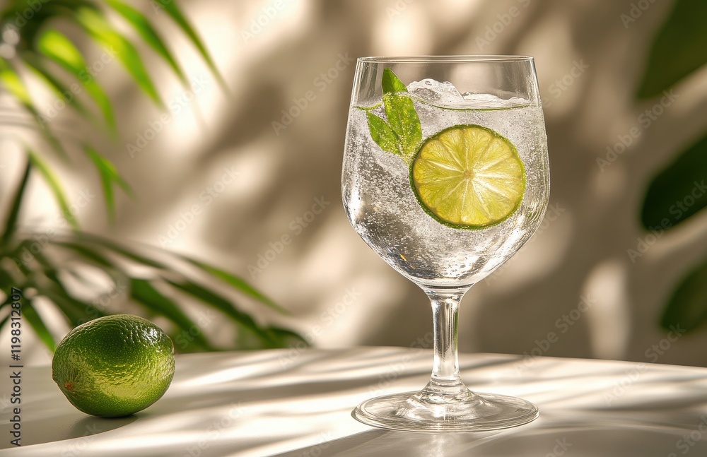 Poster refreshing sparkling drink with lime and mint in elegant glass set against soft warm background with