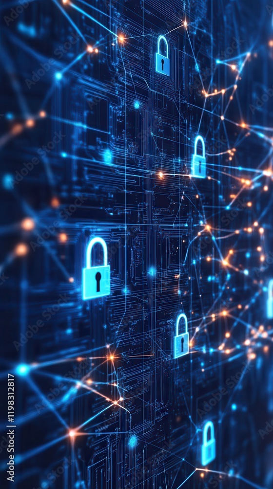 Poster abstract representation of cybersecurity featuring digital locks and shields for online safety. gene