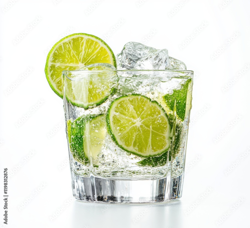 Poster refreshing sparkling drink with lime slices and ice cubes in a clear glass on a light background