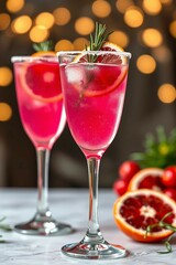 Elegant pink cocktails accented with orange slices and herbs, served in delicate glasses, presenting a refined and festive atmosphere perfect for celebrations.

