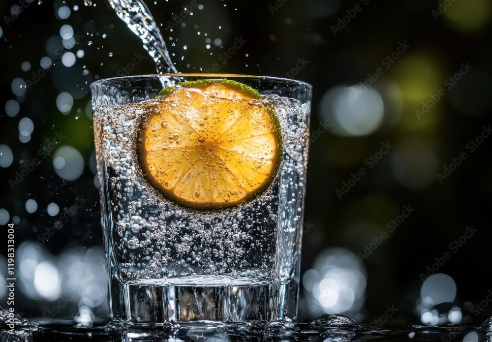 Poster refreshing sparkling water with lemon slice in a clear glass with bubbles and sparkles against a blu