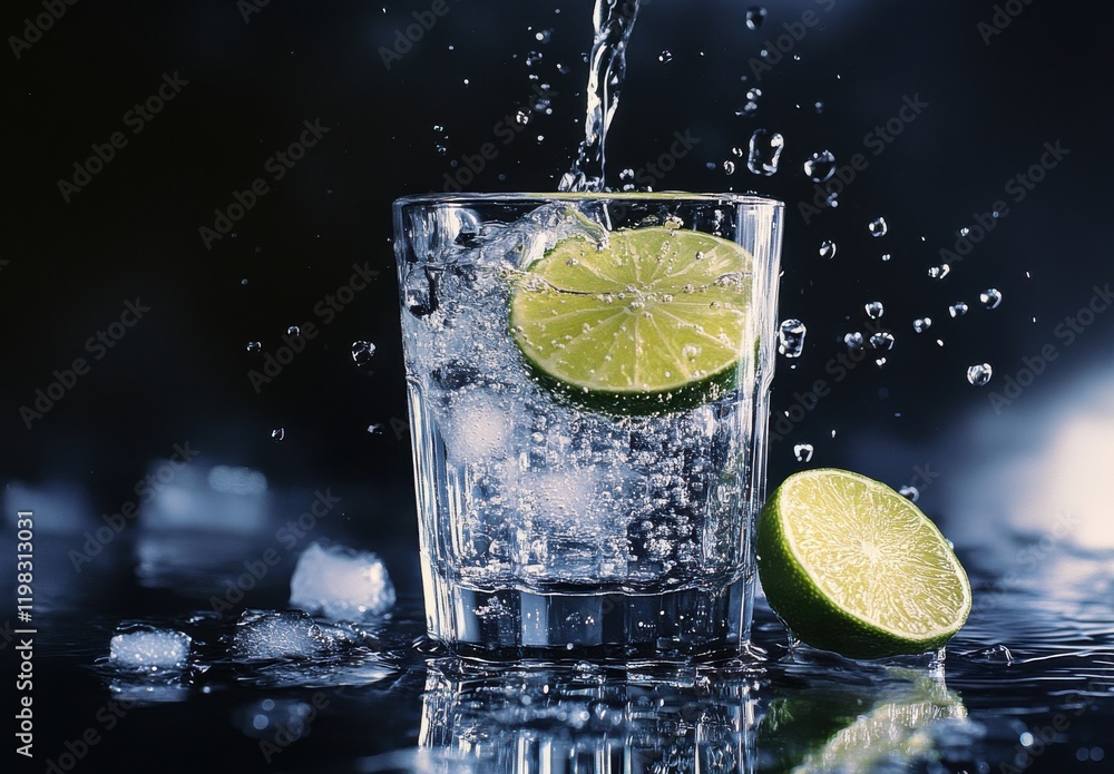 Poster refreshing sparkling water with lime and ice cubes in a clear glass against a dark background creati