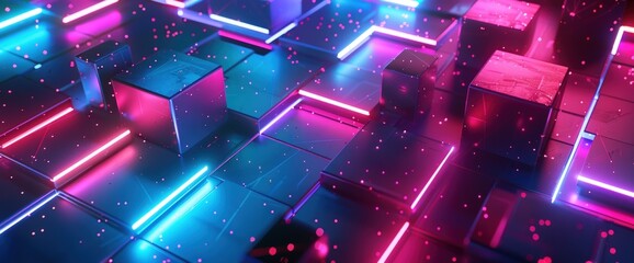 Neon cubes glow, digital art, vibrant background