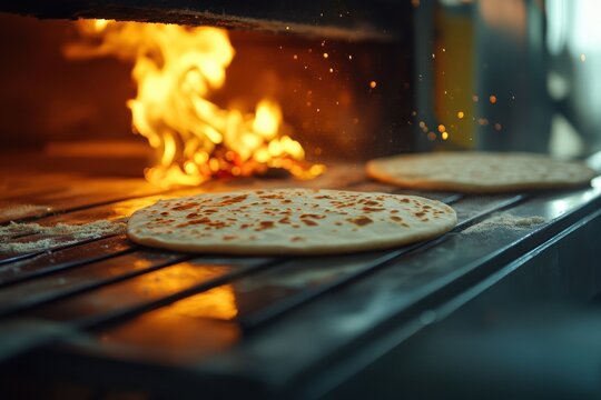 Freshly baked round Arabic bread passes through a conveyor belt near a fire oven