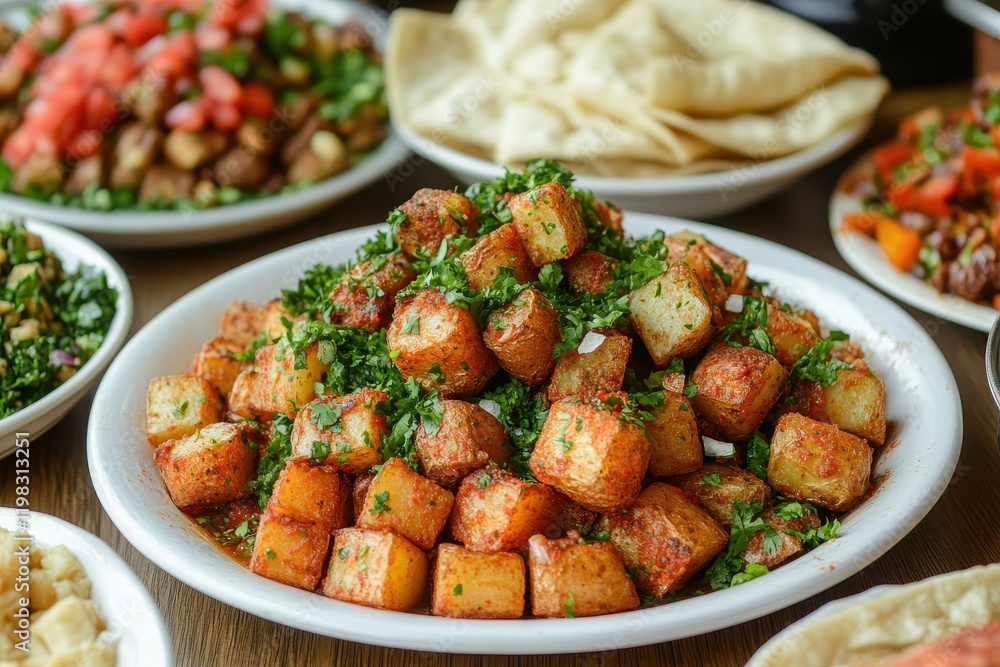 Poster Fried cubed spicy potatoes Lebanese dish