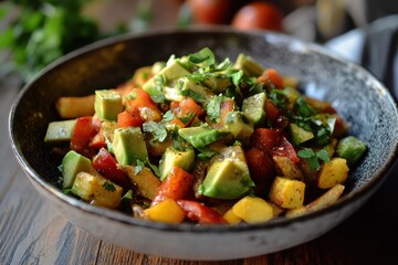 Fries topped with avocado roasted and jalapeño peppers and cheddar