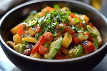Fries topped with avocado roasted and jalapeño peppers and cheddar cheese