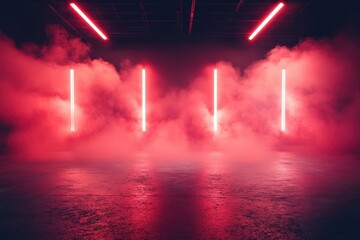 Futuristic digital setting featuring an empty dark red asphalt street a smoky studio and neon lighting