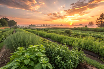 A golden sunrise over a lush herb farm