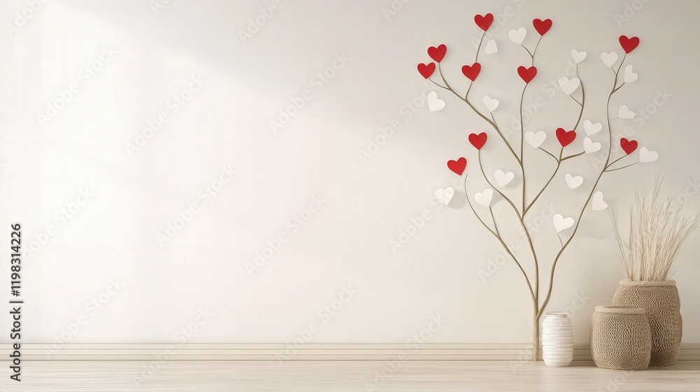 Poster valentine day decoration with white and red heart stickers creating a tree-like design on a neutral 