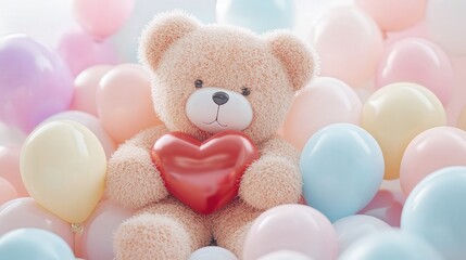 Valentine Day logo featuring a teddy bear holding a heart, with a backdrop of pastel-colored balloons.