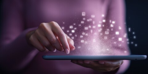 Hand Touching Tablet with Digital Icons