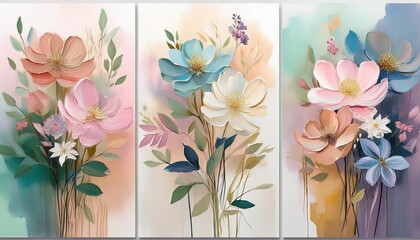 Obraz premium Vibrant SemiAbstract Boho Garden Flowers Bouquet in Pastel Hues, Showcasing a Triptych of Oil Paintings, Evoking a Relaxing and Dreamy Atmosphere.