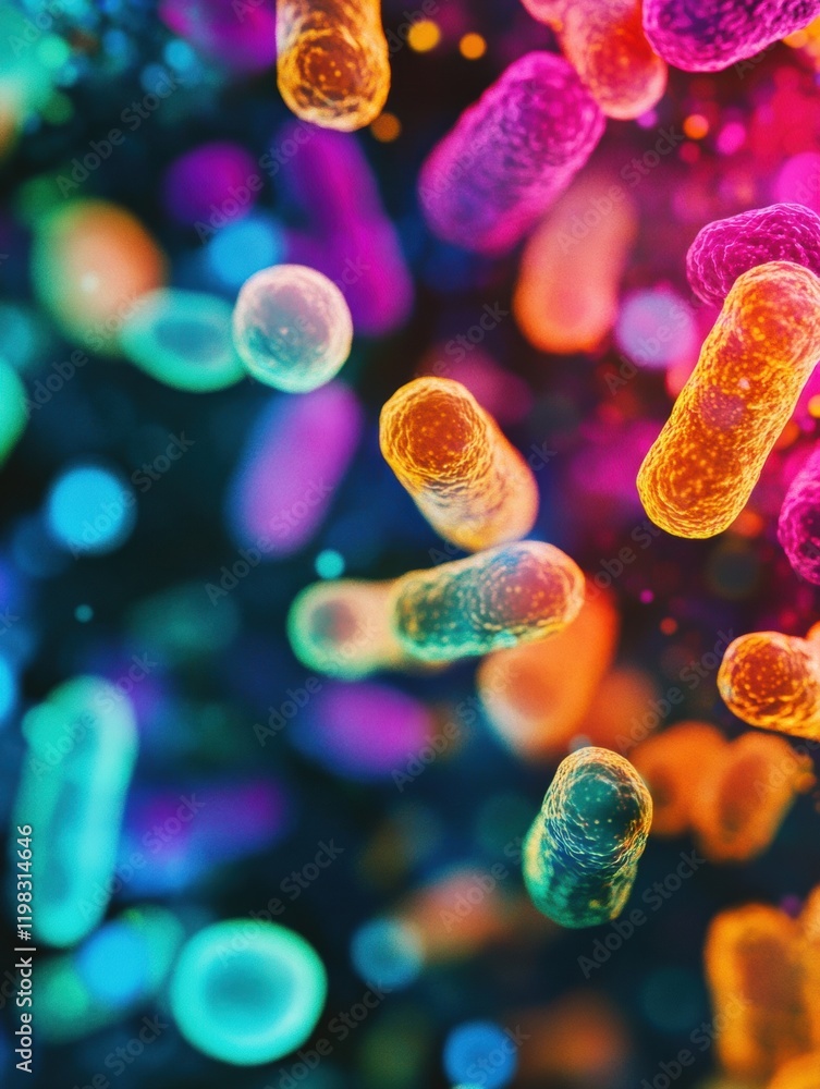 Aufkleber Intricate abstract representation of antibiotics and bacteria viewed through a microscope showcasing vibrant colors and details. Generative AI