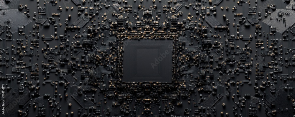 Poster abstract dark circuitry: a 3d render of a complex technological pattern