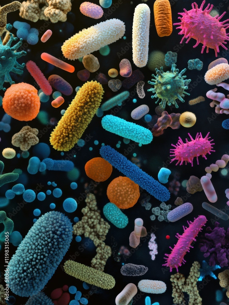 Poster evolving bacterial colonies with diverse shapes and colors displaying microscopic life forms and int