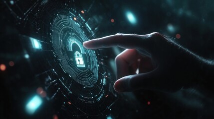 Hand interacting with a digital security interface showing a padlock icon. (1)