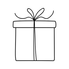 Simple line drawing of a gift box with a bow designed for festive occasions