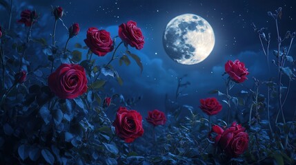 Valentine's Day image of roses presented during a romantic evening under a glowing full moon