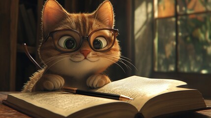 A cat studying grammar book on the desk