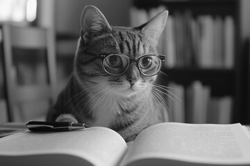 A cat studying grammar book on the desk