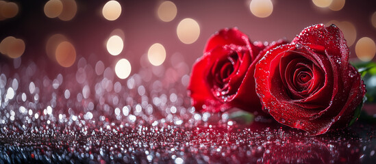 Natural fresh red roses flowers pattern wallpaper. top view, Red rose flower wall background, Rose petal on abstract background, Valentines Day concept, Roses Bouquet and Hearts background. 