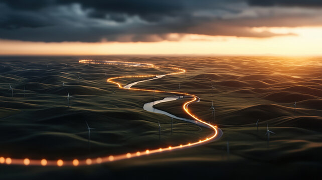 winding road through rolling hills with wind turbines at sunset