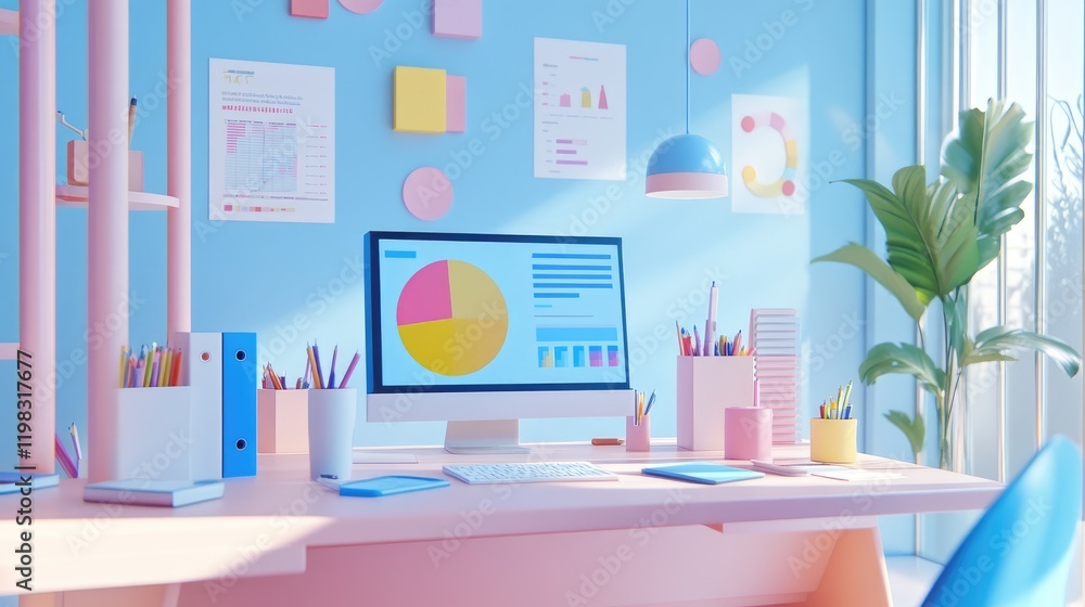 Aufkleber a bright workspace with colorful pie charts and data spreadsheets.