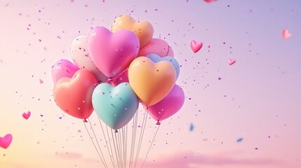 Valentine Day logo with balloons shaped like hearts rising into a pink sky, with tiny confetti floating around