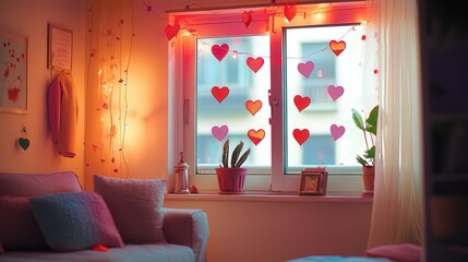 decorated with heart-shaped stickers on the door and window, and colorful heart-shaped paper strung across the ceiling to celebrate Valentine's Day