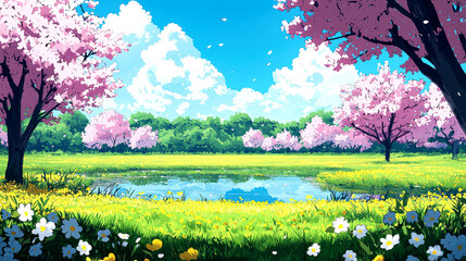 Obraz premium Springtime Dream: Serene Cherry Blossom Landscape, Peaceful Nature Scene, Vibrant Colors, Sunny Day