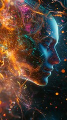 Fototapeta premium A captivating digital image of a human head, intricately filled with glowing circuitry and flowing data streams, symbolizing the power and potential of artificial intelligence. 