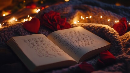 Valentine setup featuring an open book with a handwritten love letter resting on a blanket with fairy lights