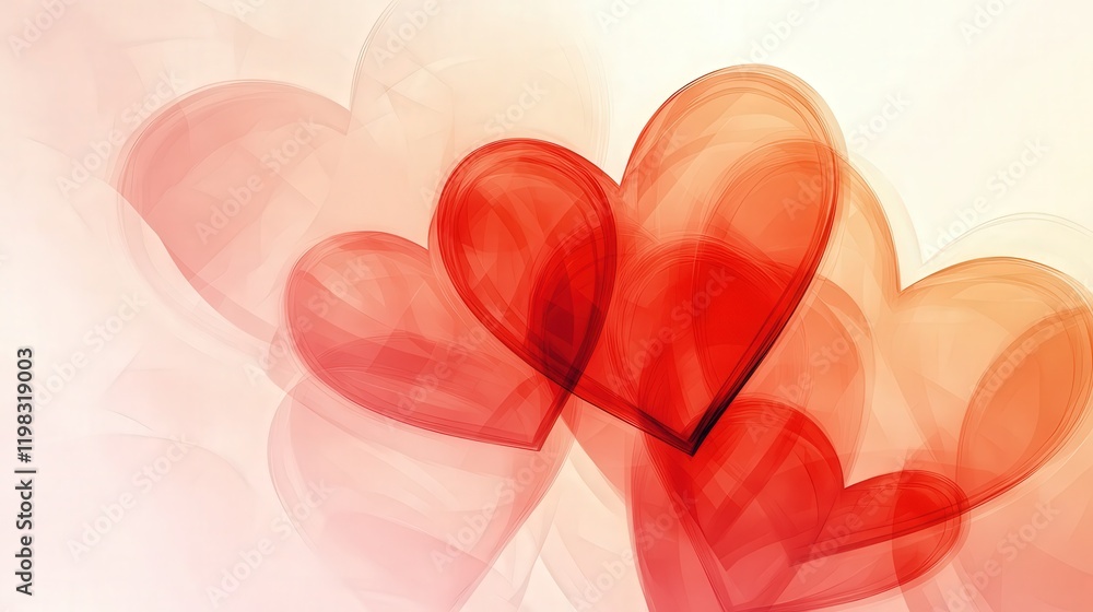 Poster valentine day logo with overlapping transparent hearts of different sizes, creating a layered and di