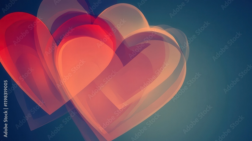 Poster valentine day logo with overlapping transparent hearts of different sizes, creating a layered and di