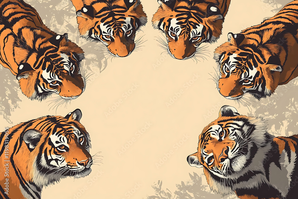 Poster a graphic illustration featuring multiple tigers arranged in a circular pattern.