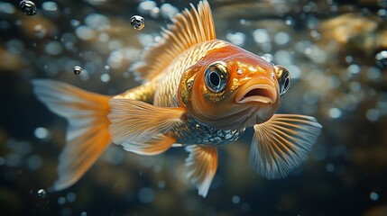 Obraz premium Orange Koi fish underwater close-up, bubbles background; aquarium pet