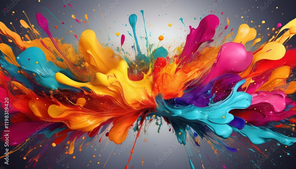Poster vibrant splatter artwork created by generative ai, showcasing a chaotic explosion of colors and text