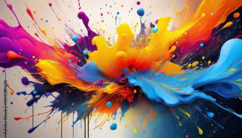 Poster vibrant splatter paint artwork abstract expressionism showcasing colors and textures in a dynamic ex