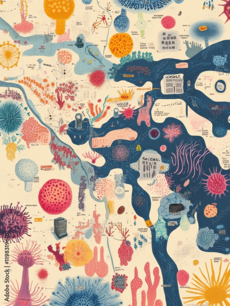 Aufkleber playful representation of bacteria colonies as cities showcasing vibrant colors and fun designs in a