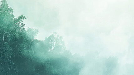 Serene misty forest background with soft green tones. Perfect for nature-themed or calming designs. Peaceful, tranquil, ethereal.