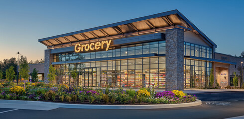Grocery store exterior with vibrant flowers and evening sky